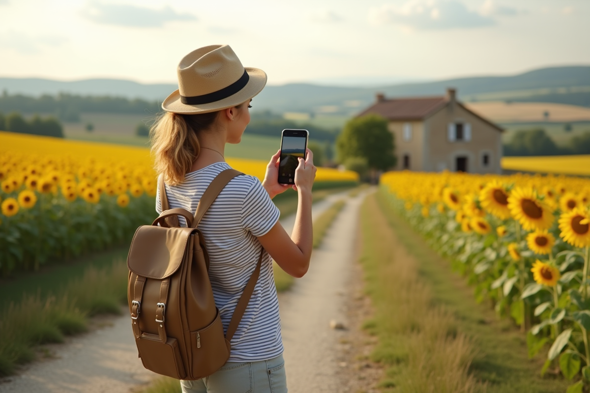 Jeune voyageuse prenant des photos dans un champ de tournesols