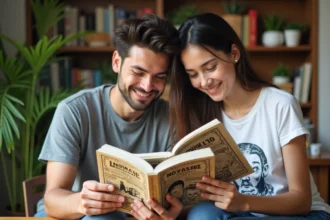Jeune couple lisant des mangas français dans un appartement cosy