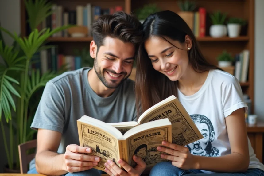 Jeune couple lisant des mangas français dans un appartement cosy