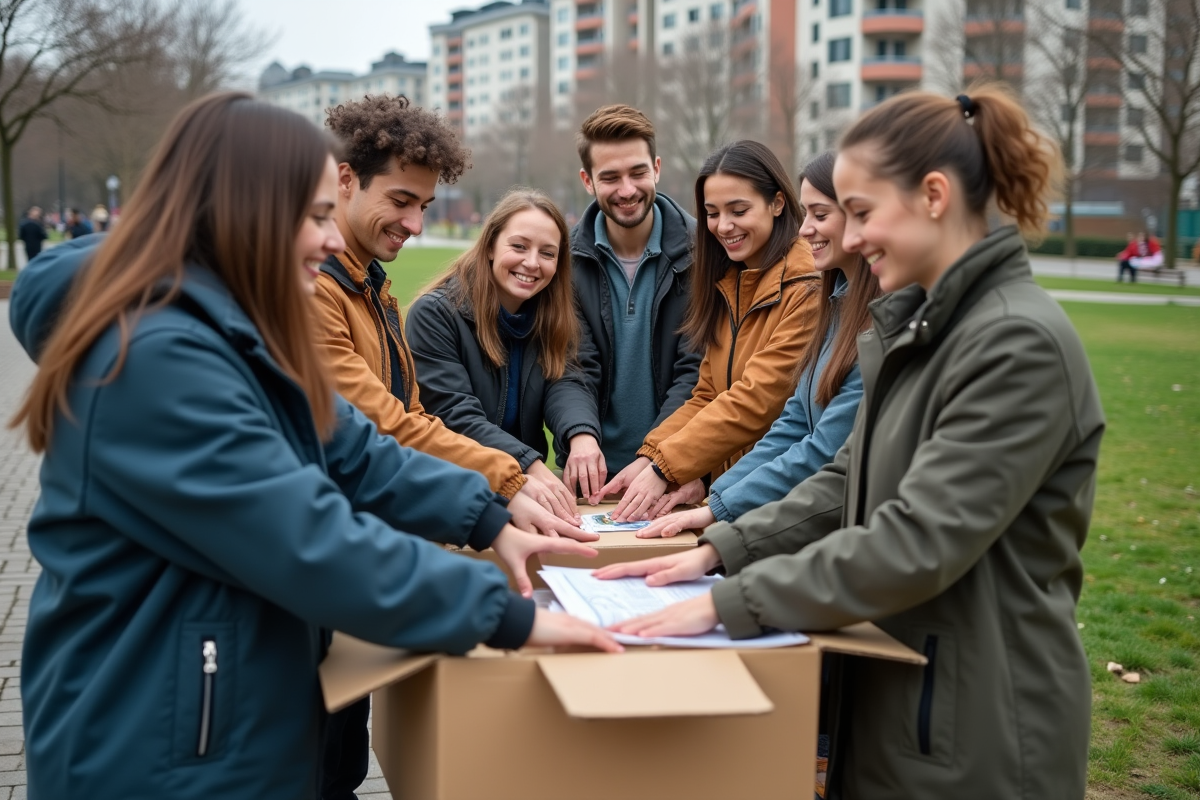 Groupe de jeunes triant des livres dans un parc urbain