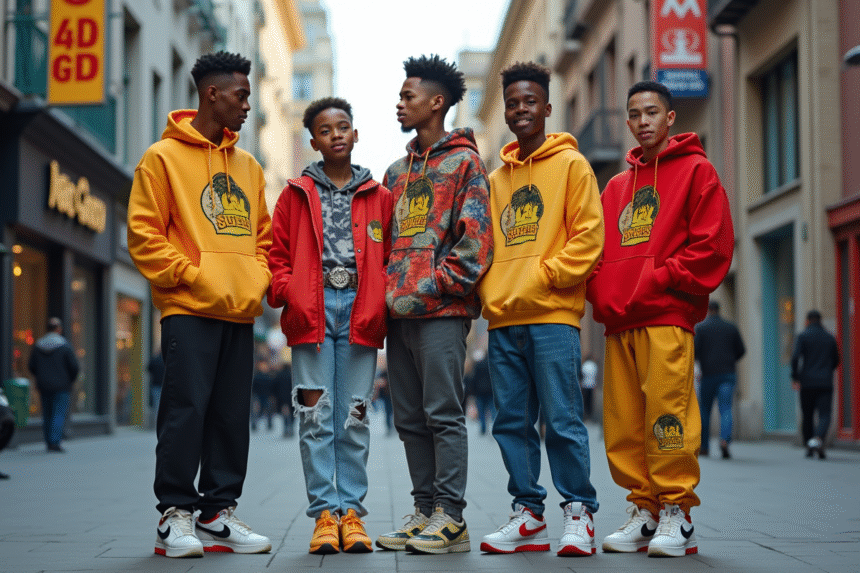 Groupe de jeunes en streetwear tendance 2025 en ville