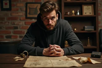 Joueur concentré résolvant des énigmes dans une salle d'escape game avec des indices éparpillés sur une table en bois