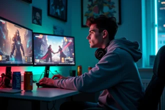Joueur de League of Legends assis devant ses écrans la nuit avec un historique de parties affiché, illustrant les heures passées sur le jeu