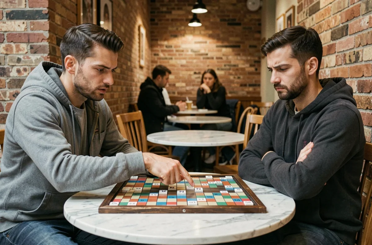 Deux joueurs de Scrabble en désaccord sur la validité du mot IN dans un café
