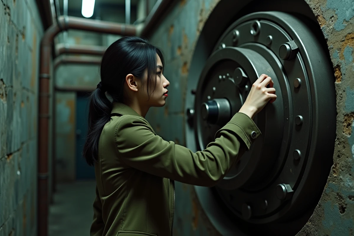 Joueuse manipulant un cadenas sur une porte de coffre-fort dans un couloir d'escape game industriel