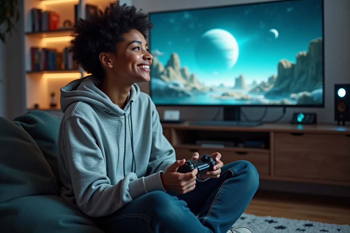 Joueuse immergée dans l'univers de science-fiction du jeu Aeonscope devant un grand écran incurvé