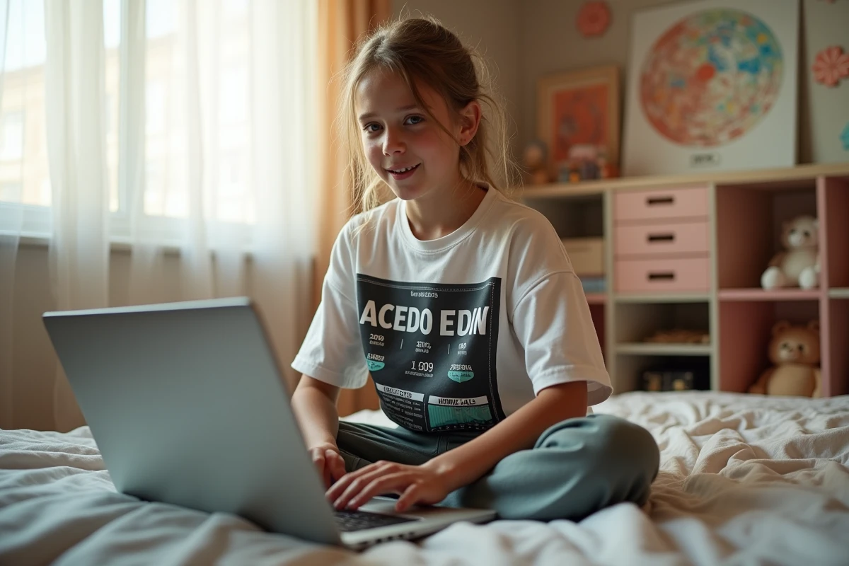 Jeune joueuse découvrant ses statistiques de temps de jeu sur League of Legends avec une expression surprise, assise sur son lit avec un laptop