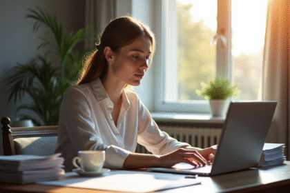 Journaliste moderne dans un bureau lumineux avec documents et café