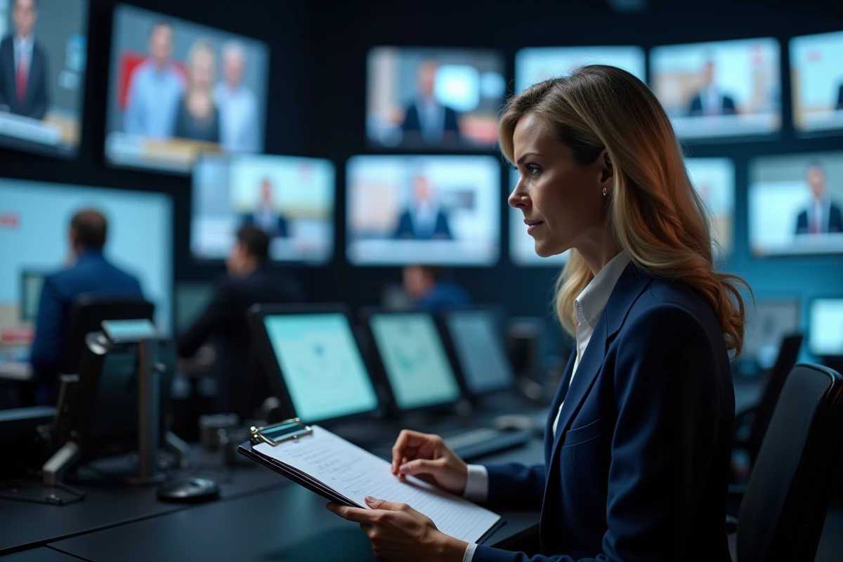 Journaliste en tailleur marine dans une régie de production télévisée, entourée d'écrans de diffusion en direct
