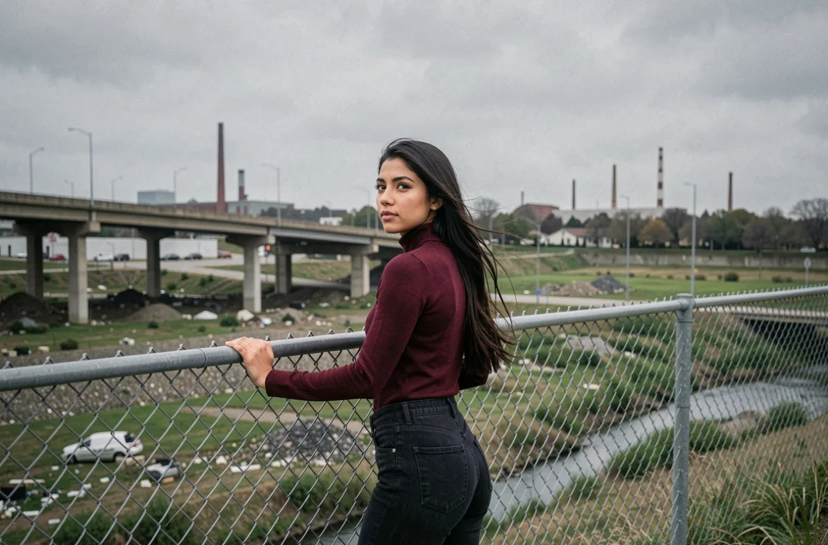 Une jeune femme mélancolique face à un paysage industriel de banlieue française, symbolisant l'espoir et la fuite dans l'univers du film L'amour ouf sur Netflix