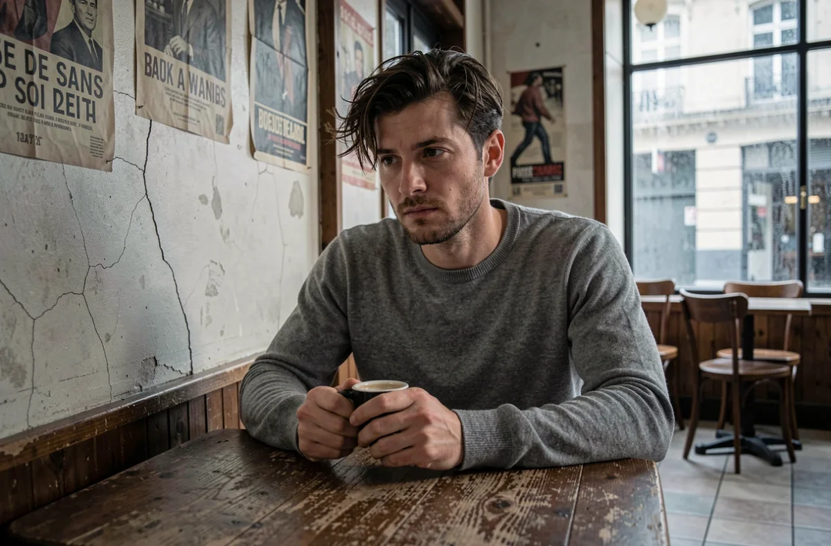Un homme seul et pensif attablé dans un café populaire français, ambiance mélancolique évoquant les thèmes de solitude et d'amour du film L'amour ouf sur Netflix