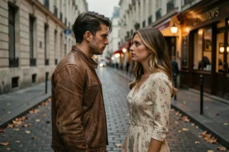 Deux jeunes amoureux se font face dans une rue pavée parisienne à la tombée de la nuit, scène romantique et intense inspirée de L'amour ouf sur Netflix