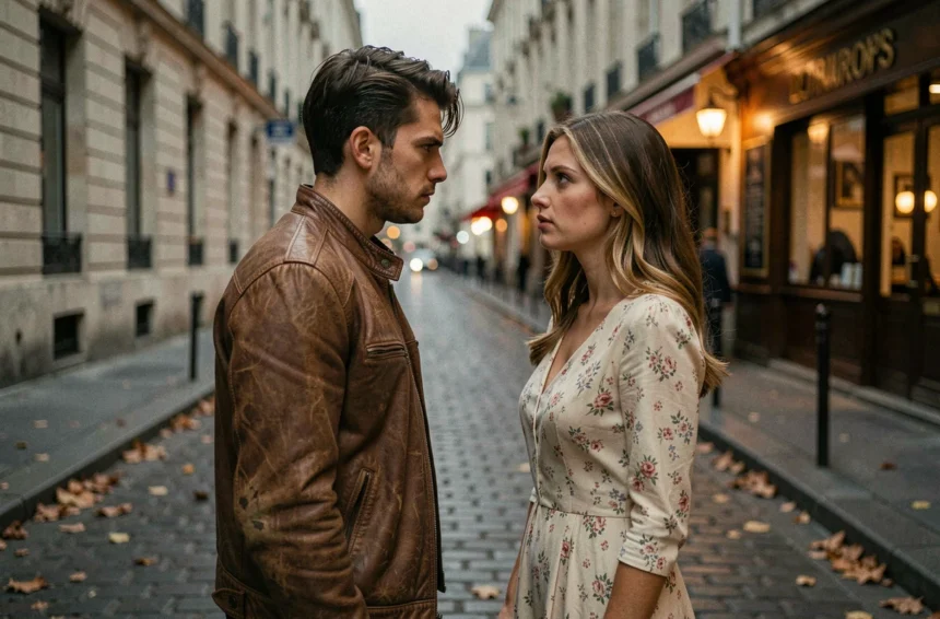 Deux jeunes amoureux se font face dans une rue pavée parisienne à la tombée de la nuit, scène romantique et intense inspirée de L'amour ouf sur Netflix