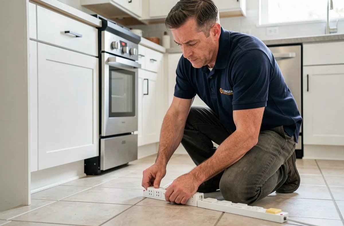 Technicien de Lb Services installant une prise électrique modulaire dans une cuisine moderne
