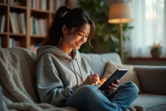 Jeune femme lisant des mangas en ligne sur une tablette avec l'application Epsilon Scan bl Soft dans un salon confortable