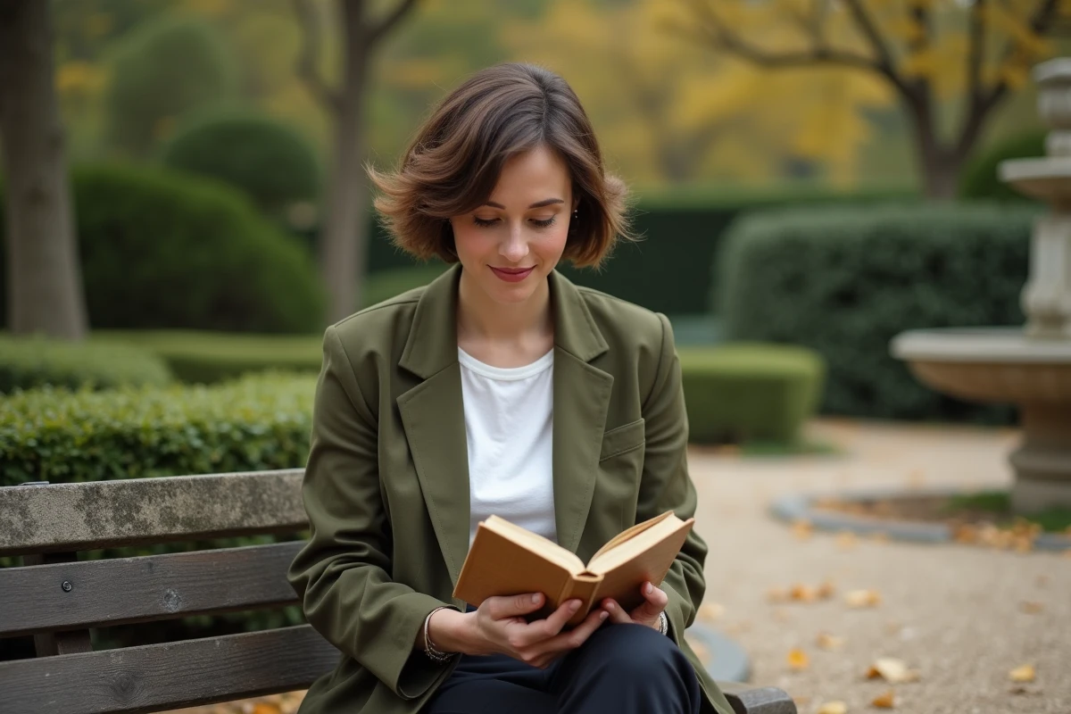 Femme lisant un recueil de poèmes de Rimbaud dans un jardin parisien en automne, symbolisant l'impact d'une citation littéraire en introduction