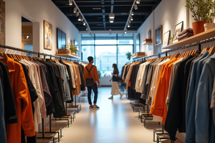 Intérieur d un magasin de vêtements tendance avec clients
