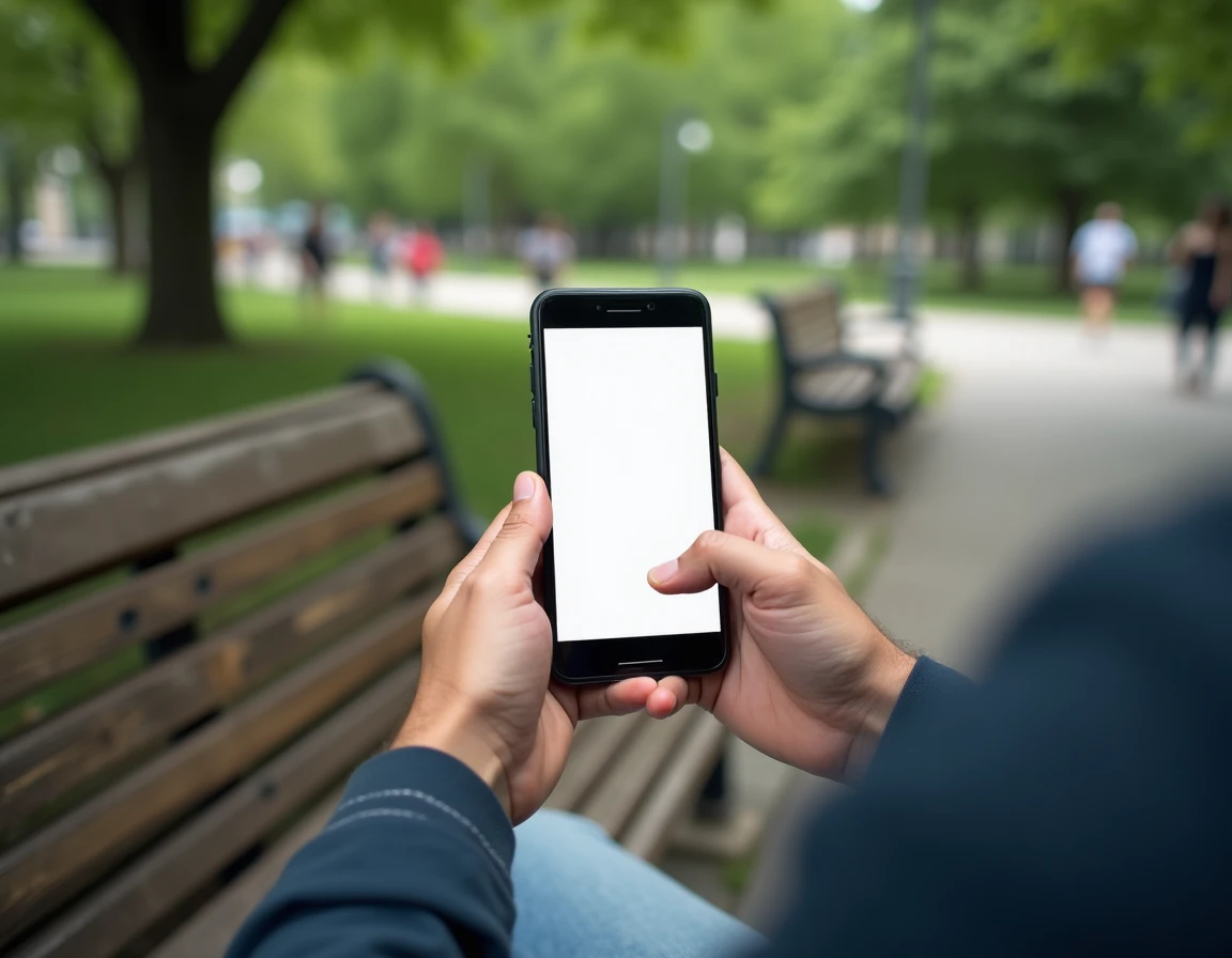 Gros plan de mains tenant un smartphone avec une application de messagerie anonyme dans un parc public