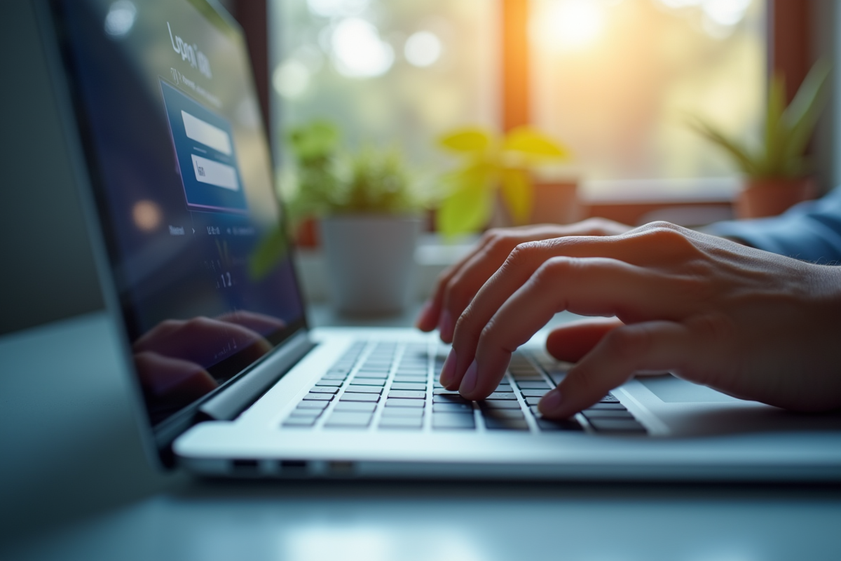 Mains tapant sur un clavier avec écran flou en arrière-plan
