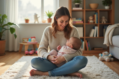 Maman et bébé dans un salon lumineux et chaleureux