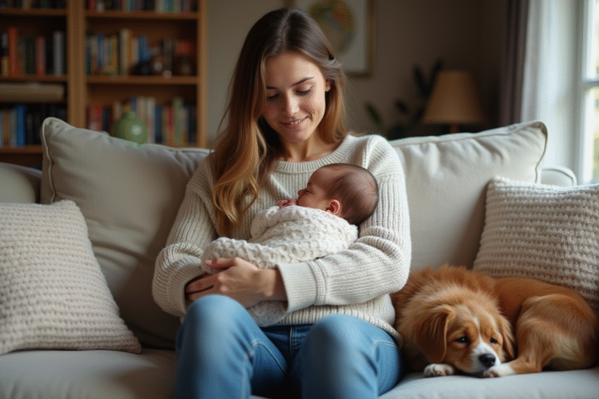Femme avec bébé dans un salon chaleureux et cosy