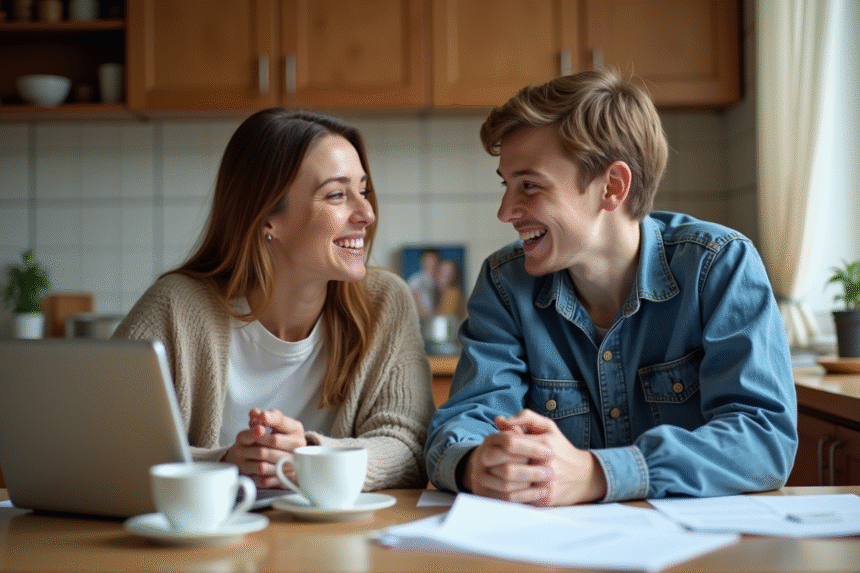 Femme et adolescent discutant à la cuisine avec documents et tasse