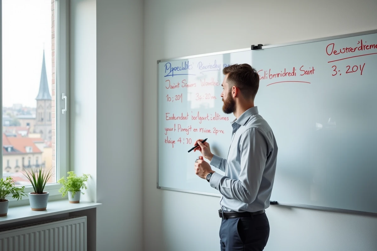 Manager en Moselle écrivant un planning mensuel sur un tableau blanc avec les jours fériés locaux marqués