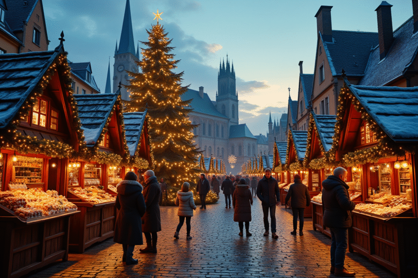 Marché de Noël animé avec chalets décorés et sapin