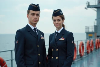 Jeunes marins en uniforme sur le pont d'un navire moderne
