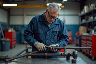 Mécanicien homme en overalls examine un silent bloc