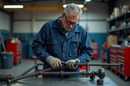 Mécanicien homme en overalls examine un silent bloc