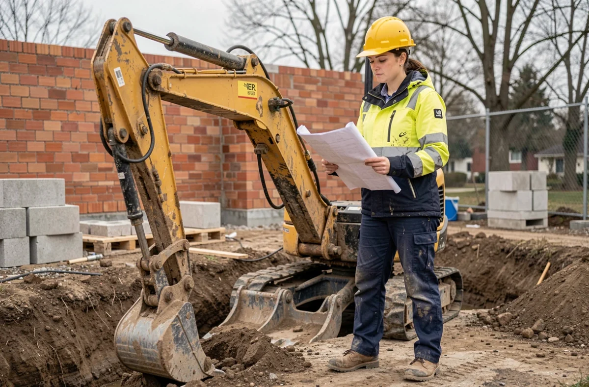 Femme technicienne BTP évaluant une mini-pelle mécanique sur chantier de fondation urbaine