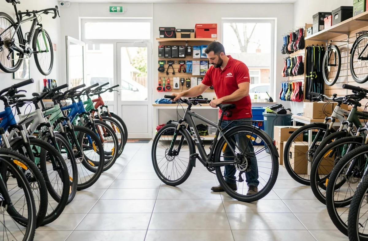 Mécanicien de Mondovélo Blois montant une roue sur un vélo hybride dans l'atelier de la boutique moderne