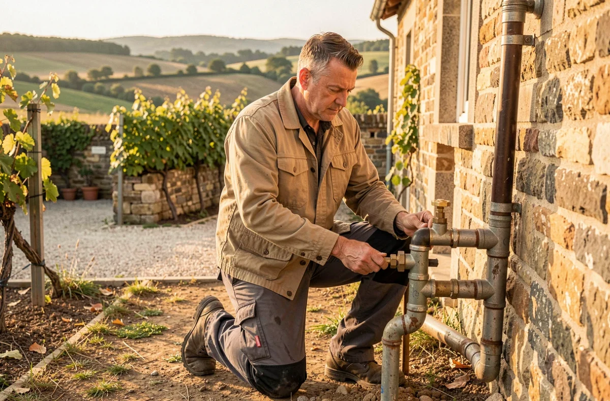 Artisan plombier Moreau Plomberie réparant une canalisation extérieure devant une maison en pierre du sud de l'Yonne