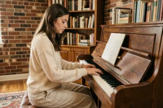 Jeune femme jouant du piano et lisant une note d'amour manuscrite, ambiance romantique et intime