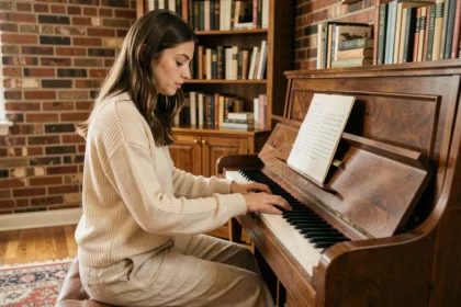 Jeune femme jouant du piano et lisant une note d'amour manuscrite, ambiance romantique et intime