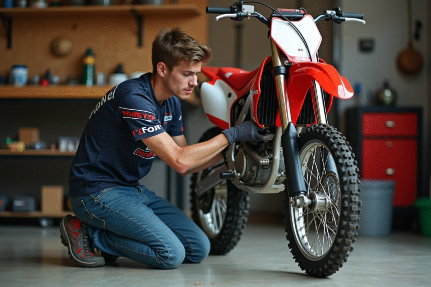 Jeune homme nettoyant la chaîne d'une moto 125cc
