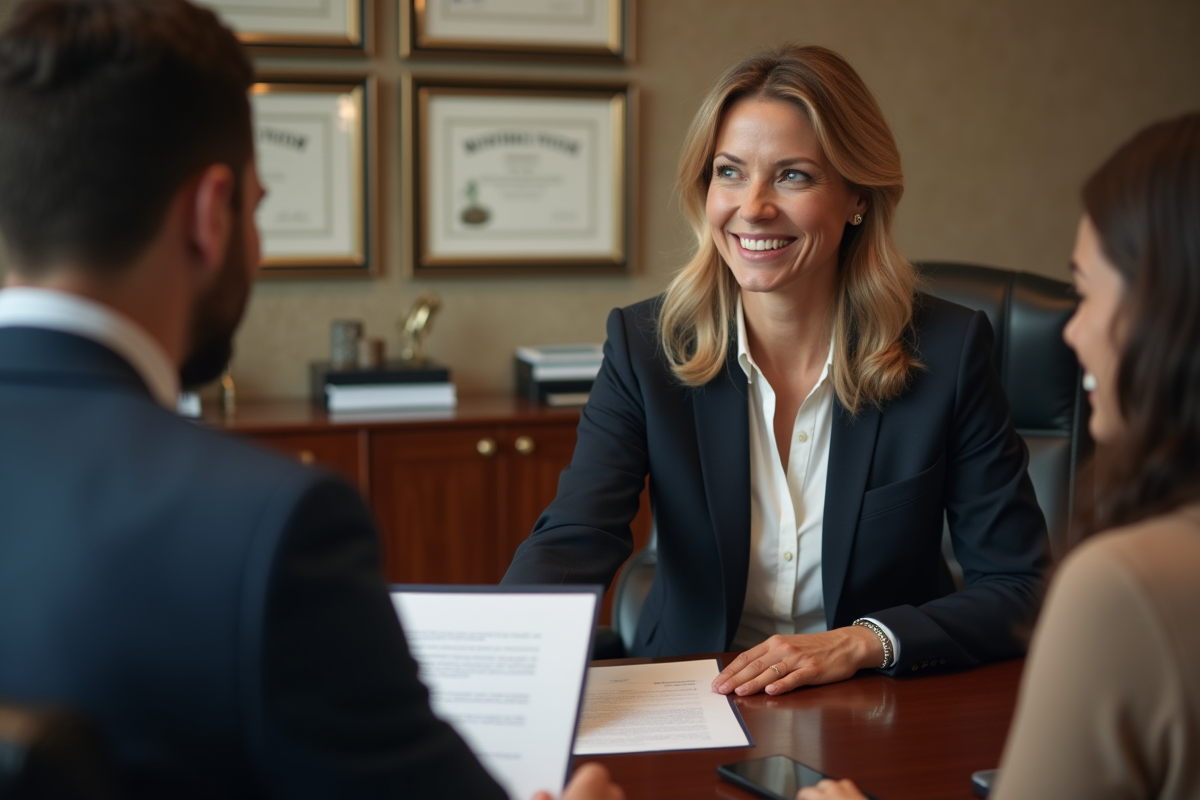 Notaire remettant un contrat signé à un jeune couple dans un bureau