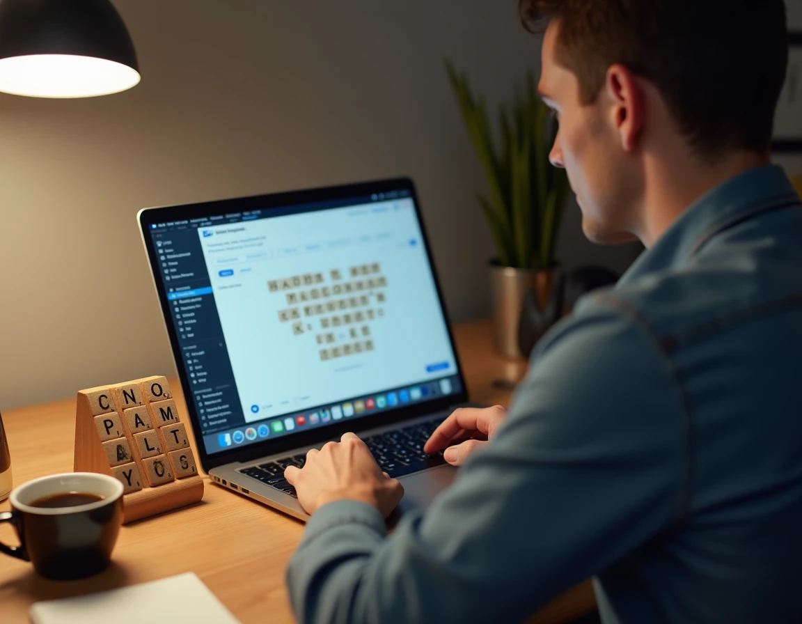 Homme utilisant un outil d'anagramme en ligne sur un ordinateur portable avec des lettres de Scrabble posées à côté