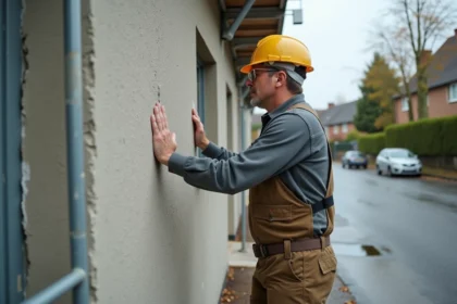 Ouvrier examinant une façade extérieure en rénovation