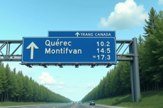 Panneau routier sur l'autoroute TransCanada indiquant Québec et Montréal
