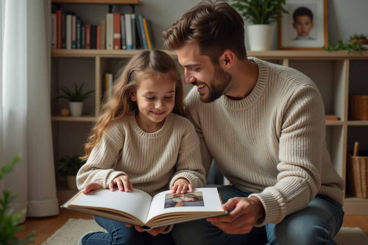 Père et fille feuilletant un album photo dans le salon