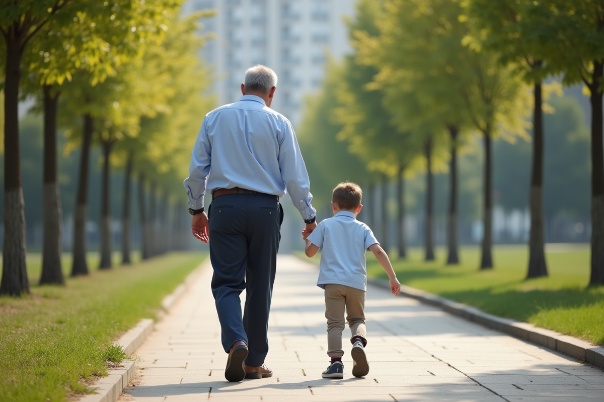 Père attachant les lacets de son fils dans un parc