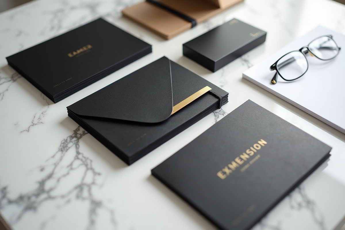 Papeterie et materiels marketing noirs et or sur bureau en marbre blanc