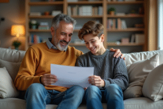Père et fils souriants partageant des documents dans le salon