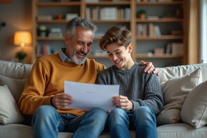 Père et fils souriants partageant des documents dans le salon