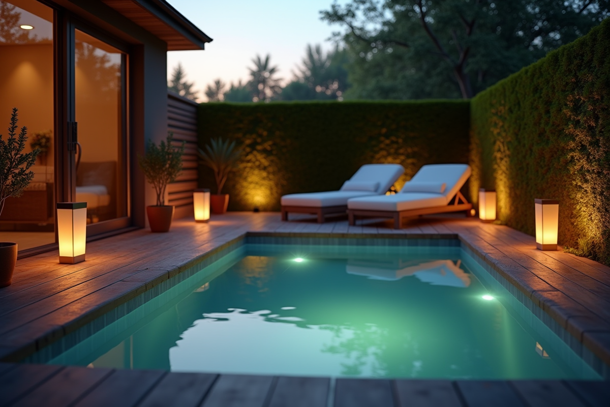 Patio extérieur avec petite piscine chauffée et ambiance cosy