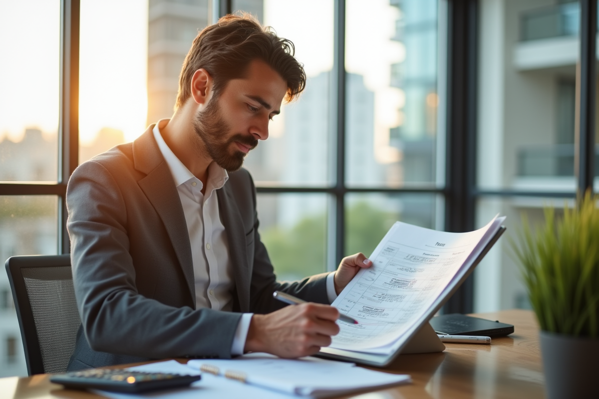 Personne examinant une annonce immobiliere avec calculatrice et notes