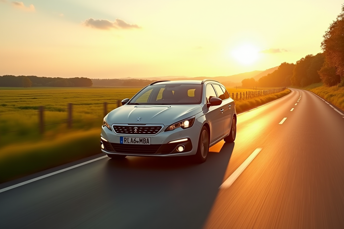 Peugeot 308 SW roulant en campagne au coucher du soleil
