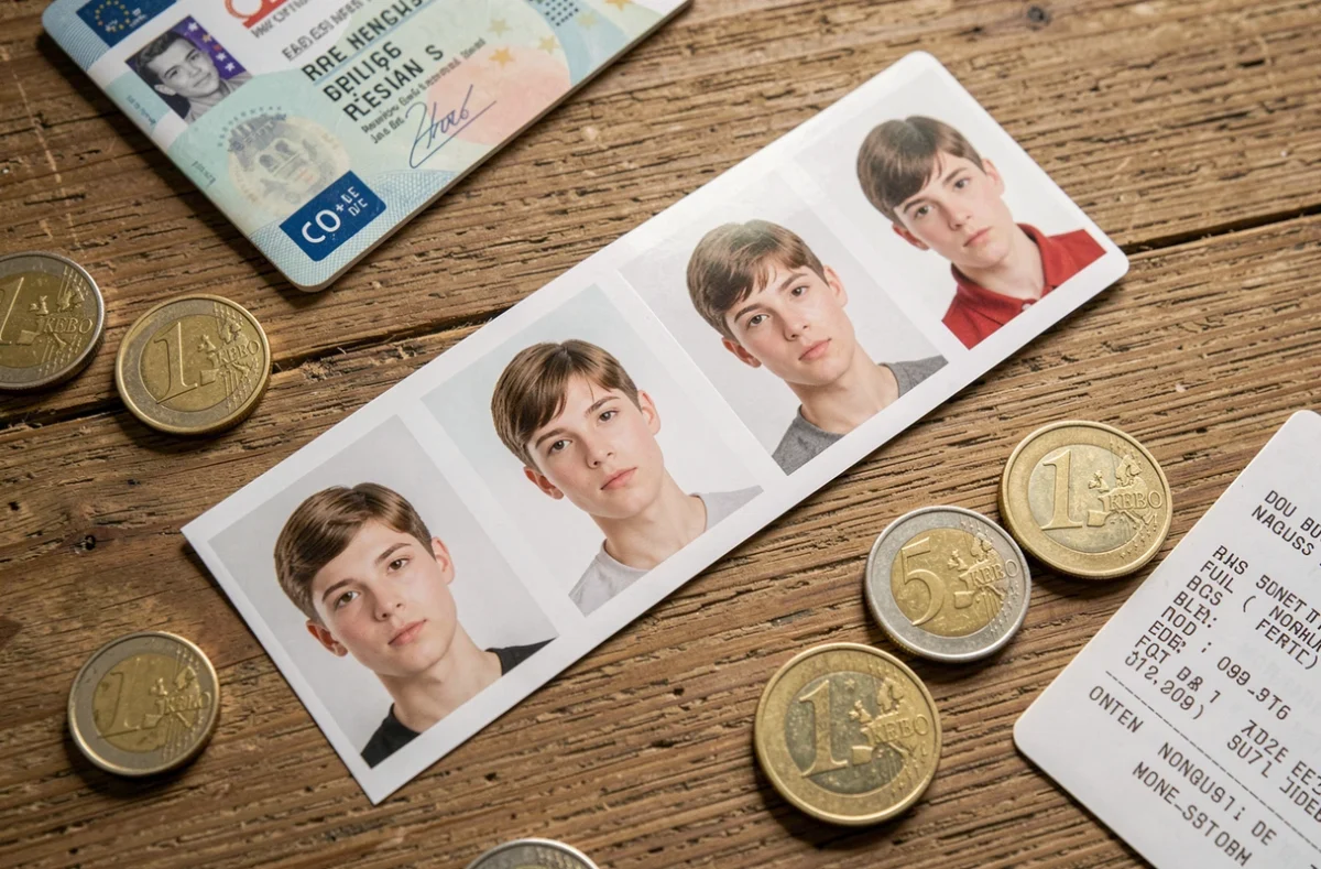 Bandeau de quatre photos d'identité photomaton posé sur une table avec des pièces en euros et un ticket de caisse